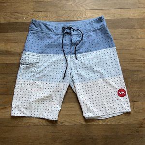 RVCA Performance Stretch Board Shorts Sz 32 Mens White Blue VA Balance 9” Inseam